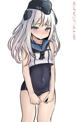 Rule 34 | 1girl, absurdres, black hat, black neckerchief, black one-piece swimsuit, blue sailor collar, clothes writing, cosplay, covered navel, cowboy shot, crop top, garrison cap, hat, headgear, highres, kantai collection, long hair, looking at viewer, neckerchief, one-hour drawing challenge, one-piece swimsuit, ro-500 (kancolle), ro-500 (kancolle) (cosplay), sailor collar, school swimsuit, shirt, shy, simple background, sleeveless, sleeveless shirt, solo, swimsuit, swimsuit under clothes, tf cafe, twitter username, u-511 (kancolle), white background