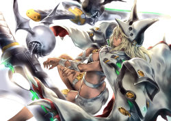 Rule 34 | 1girl, ass, belt bra, blonde hair, breasts, cape, cleavage, closed mouth, commentary request, dark-skinned female, dark skin, guilty gear, guilty gear xrd, hat, highres, long hair, looking at viewer, medium breasts, orange eyes, ramlethal valentine, short shorts, shorts, simple background, thigh strap, toshi, white background