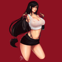 Rule 34 | 1girl, bad id, bad pixiv id, black hair, black skirt, breasts, brown eyes, cleavage, crop top, cropped legs, covered erect nipples, faire yang, final fantasy, final fantasy vii, highres, large breasts, long hair, looking at viewer, low-tied long hair, miniskirt, navel, no bra, parted lips, red background, see-through, simple background, skirt, smile, solo, stomach, suspender skirt, suspenders, suspenders pull, tank top, tifa lockhart, very long hair