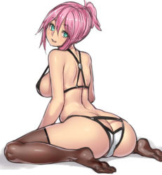 Rule 34 | 1girl, ass, ass cutout, bare shoulders, blush, breasts, brown thighhighs, butt crack, clothing cutout, green eyes, hair bun, head tilt, houtengeki, large breasts, leaning forward, looking at viewer, looking back, open mouth, original, pink hair, ponytail, shiny clothes, shiny skin, short hair, shoulder blades, simple background, single hair bun, sitting, smile, solo, strap gap, thighhighs, trefoil, wariza, white background