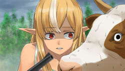 Rule 34 | 1girl, blonde hair, commentary request, cow, dark-skinned female, dark skin, fog, forest, gun, hololive, long hair, multicolored hair, nature, nervous sweating, pointy ears, red eyes, shaded face, shiranui flare, streaked hair, sweat, tree, two-tone hair, virtual youtuber, weapon, yoohei (pizzadev)