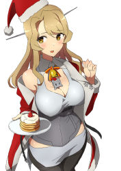 Rule 34 | 1girl, bell, black pantyhose, blush, breasts, christmas, coat, comala (komma la), commentary request, food, fur trim, hat, headgear, highres, holding, holding plate, houston (kancolle), kantai collection, large breasts, light brown hair, long hair, long sleeves, open clothes, open coat, pancake, pantyhose, parted lips, plate, red coat, ribbon, santa costume, santa hat, simple background, skirt, solo, star (symbol), white background, yellow eyes