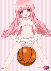 Rule 34 | 10s, 1girl, :d, arm support, bad source, ball, barefoot, basketball, basketball (object), bikini, blush, breasts, cleavage, dot nose, feet, frilled bikini, frilled swimsuit, frills, groin, hakamada hinata, leaning forward, long hair, looking at viewer, midriff, mizuki makoto, navel, open mouth, pink eyes, pink hair, rou-kyuu-bu!, small breasts, smile, soles, solo, striped background, swimsuit, toes, vertical-striped background, very long hair, white bikini