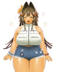 1girl bangle bracelet breasts brown_hair closed_eyes cutoffs flower hair_flower hair_intakes hair_ornament heart heart_hair_ornament highres huge_breasts jewelry long_hair md5_mismatch meisharan nanaco_(hott0g111) open_mouth original shorts smile solo tan white_background