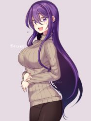 Rule 34 | 1girl, :d, beige sweater, breasts, casual, commentary, cowboy shot, doki doki literature club, grey background, hair between eyes, hair ornament, hairclip, large breasts, long hair, long sleeves, looking at viewer, nan (gokurou), open mouth, purple eyes, purple hair, ribbed sweater, sidelocks, simple background, smile, solo, sweatdrop, sweater, turtleneck, turtleneck sweater, twitter username, very long hair, yuri (doki doki literature club)