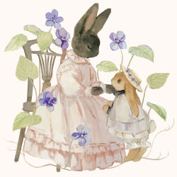 Rule 34 | 2girls, animal, animal focus, barefoot, black rabbit (animal), blue flower, cat, chair, closed eyes, closed mouth, clothed animal, dress, flower, frilled dress, frilled shirt collar, frills, hat, hat flower, hat ribbon, highres, layered dress, long dress, long sleeves, multiple girls, no humans, original, pink dress, puffy long sleeves, puffy sleeves, rabbit, ribbon, simple background, sitting, straw hat, tono (rt0no), white background