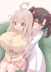 Rule 34 | 2girls, @ @, ahoge, alternate breast size, blush, breast expansion, grabbing another&#039;s breast, breasts, couch, grabbing, highres, huge breasts, incest, lab coat, multicolored hair, multiple girls, onii-chan wa oshimai!, oyama mahiro, oyama mihari, siblings, sisters, sitting, skirt, streaked hair, tagme, twintails, wooden203