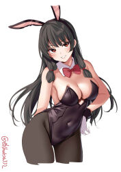 Rule 34 | 1girl, alternate costume, animal ears, black hair, black leotard, black pantyhose, blush, bow, bowtie, breasts, covered navel, cowboy shot, cropped legs, detached collar, ebifurya, fake animal ears, gloves, grin, hand on own hip, highleg, highleg leotard, highres, isokaze (kancolle), kantai collection, leotard, long hair, looking at viewer, medium breasts, one-hour drawing challenge, pantyhose, playboy bunny, rabbit ears, red eyes, simple background, smile, solo, strapless, strapless leotard, twitter username, white background, white gloves