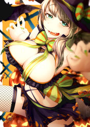 Rule 34 | 1girl, alternate costume, aqua eyes, bare shoulders, bat (animal), black thighhighs, blurry, blurry foreground, blush, bow, bowtie, breasts, brown hair, candy, claw pose, cleavage, cleavage cutout, clothing cutout, cluseller, crop top, fang, female focus, fishnet thighhighs, fishnets, food, frills, green bow, green bowtie, green nails, green ribbon, hair ribbon, half-closed eyes, halloween, hands up, happy, hat, hat bow, hat ribbon, highres, hinamizawa kurumi, jack-o&#039;-lantern, large breasts, light blush, looking at viewer, midriff, miniskirt, mole, mole under mouth, nail polish, navel, open mouth, pleated skirt, pumpkin, purple hat, purple shirt, purple skirt, pygmalion. (group), ribbon, shirt, side ponytail, sideways mouth, skindentation, skirt, sleeveless, sleeveless shirt, smile, solo, spread legs, stomach, striped bow, striped bowtie, striped clothes, striped neckwear, teeth, thighhighs, tongue, virtual youtuber, witch, witch hat