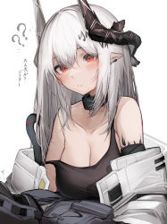 Rule 34 | 1girl, 1other, ?, absurdres, arknights, bare shoulders, blush, breasts, cleavage, collarbone, commentary, doctor (arknights), elite ii (arknights), highres, horns, infection monitor (arknights), long hair, material growth, mudrock (arknights), mudrock (elite ii) (arknights), oripathy lesion (arknights), parted lips, pointy ears, red eyes, simple background, tab head, tank top, upper body, white background, white hair