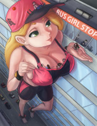Rule 34 | artclonov, barefoot, baseball cap, blonde hair, breasts, building, car, cars, giant, giantess, green eyes, hat, highres, large breasts, motor vehicle, road, size difference, smile, street