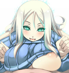 Rule 34 | 10s, 1girl, abyssal ship, blush, breasts, glowing, glowing eyes, green eyes, kantai collection, large breasts, long hair, looking at viewer, nipple slip, nipples, open mouth, paizuri, paizuri under clothes, pale skin, penis, personification, pov, ribbed sweater, shiki (psychedelic g2), smile, solo focus, sweater, ta-class battleship, uncensored, white hair