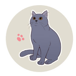 Rule 34 | animal, animal focus, black cat, brown eyes, cat, full body, grey background, no humans, original, outline, paw print, paw print background, que meng meng, round image, two-tone background, white background, white outline