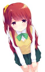 Rule 34 | 1girl, akari (mimura zaja), blush, bow, bowtie, brown eyes, brown hair, collared shirt, green bow, green bowtie, green skirt, hands on own thighs, highres, leaning forward, long hair, looking at viewer, matching hair/eyes, mimura zaja, one side up, original, pee, peeing, peeing self, pleated skirt, school uniform, shirt, simple background, skirt, smile, solo, sweater vest, white background, white shirt