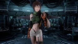 Rule 34 | 1girl, 3d, animated, armor, audible music, brown eyes, brown hair, dancing, double w, final fantasy, final fantasy vii, final fantasy vii remake, fingerless gloves, gloves, headband, indoors, looking at viewer, midriff, music, pauldrons, pointing, pointing at viewer, shorts, shoulder armor, single bare shoulder, solo, sound, standing, tagme, unbuttoned, video, virt-a-mate, w, weapon, weapon on back, yuffie kisaragi