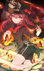 Rule 34 | 1girl, black hat, black nails, black shorts, bright pupils, brown coat, brown hair, bug, butterfly, coat, fire, flower, flower-shaped pupils, genshin impact, ghost, grin, hat, hat flower, hat tassel, highres, holding, holding polearm, holding weapon, hu tao (genshin impact), insect, long hair, long sleeves, looking at viewer, polearm, red eyes, shorts, smile, solo, symbol-shaped pupils, twintails, weapon, white pupils, yokogon