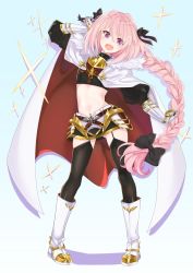 Rule 34 | 1boy, :d, adapted costume, artist name, astolfo (fate), bad id, bad twitter id, black thighhighs, blush, boots, braid, cape, crop top, fang, fate/apocrypha, fate/grand order, fate (series), garter straps, gauntlets, hair ribbon, highres, long hair, male focus, navel, open mouth, pink hair, purple eyes, ribbon, signature, single braid, smile, solo, tanaka kii, thighhighs, trap, v-shaped eyebrows, very long hair, white footwear