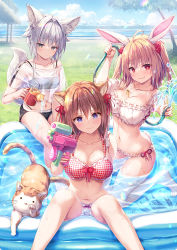 Rule 34 | 3girls, animal ear fluff, animal ears, ass, banned artist, bare shoulders, bikini, black one-piece swimsuit, blue eyes, blush, bow, bow bra, bow panties, bra, breast envy, breasts, brown eyes, brown hair, cat, cat ears, cat girl, cat tail, cleavage, cloud, cloudy sky, collarbone, foot out of frame, fox ears, fox girl, fox tail, frilled bikini, frilled swimsuit, frills, grass, grin, hair intakes, hair ornament, hair scrunchie, holding, holding kettle, holding smoking pipe, holding water gun, jewelry, kettle, konomi (kino konomi), large breasts, looking at viewer, medium hair, multiple girls, navel, necklace, one-piece swimsuit, original, outdoors, panties, partially submerged, plaid, plaid bra, pool, rabbit ears, rabbit girl, rabbit tail, red bow, red bra, red eyes, scrunchie, see-through, short hair, side-tie panties, silver hair, sitting, sky, smile, smoking pipe, soles, stomach, swimsuit, tail, toes, tree, twintails, underwear, wariza, water gun, white bikini