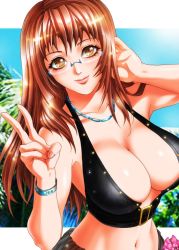 Rule 34 | 1girl, ayase reiko, barurai, biko, biko 3, breasts, brown eyes, brown hair, cleavage, glasses, jewelry, large breasts, lips, long hair, necklace, sexy beach 3, solo, swimsuit
