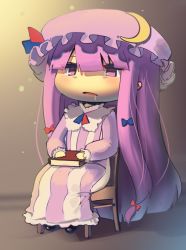 Rule 34 | 1girl, absurdres, black footwear, blush, boa (brianoa), book, chair, chibi, commentary, crescent, crescent pin, dress, drooling, english commentary, full body, hat, highres, holding, holding book, long dress, long hair, long sleeves, mob cap, patchouli knowledge, purple dress, purple eyes, purple hair, purple hat, saliva, shoes, sitting, solo, touhou, very long hair, wide face