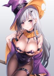 Rule 34 | 1girl, absurdres, azur lane, bare shoulders, between breasts, black hair, black leotard, black pantyhose, blush, breastless clothes, breasts, broom, broom riding, commission, cosplay, dunkerque (azur lane), gradient hair, grey hair, guri (gri1211), halloween costume, hand up, hat, heart, heart tattoo, highres, large breasts, leotard, long hair, looking at viewer, memphis (azur lane), memphis (azur lane) (cosplay), memphis (mystical night) (azur lane), multicolored hair, official alternate costume, pantyhose, red eyes, shoulder tattoo, skeb commission, smile, solo, tattoo, thigh strap, tilted headwear, witch hat