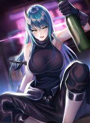 Rule 34 | 1girl, :d, alcohol, arknights, arm ribbon, arm scarf, armpits, bare shoulders, black gloves, black pants, blush, bottle, breasts, cleavage, clothes around waist, gloves, green hair, hair between eyes, highres, holding, holding bottle, horns, hoshiguma (arknights), jacket, jacket around waist, kernel killer, large breasts, neckwear request, open mouth, pants, ribbon, see-through, shirt, single horn, sitting, skin-covered horns, sleeveless, sleeveless shirt, smile, solo, yellow eyes