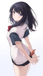 Rule 34 | 1girl, arms behind back, black hair, black skirt, blue eyes, blush, closed mouth, commentary, cowboy shot, expressionless, floating hair, from behind, gridman universe, hair between eyes, hair over shoulder, highres, interlocked fingers, long hair, looking at viewer, looking back, miniskirt, orange scrunchie, own hands together, pleated skirt, red ribbon, ribbon, school uniform, scrunchie, simple background, sketch, skirt, solo, ssss.gridman, sweater vest, takarada rikka, tsurime, white background, white sweater vest, wrist scrunchie, yanagi marie