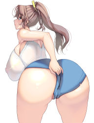Rule 34 | 1girl, ass, bare shoulders, blue eyes, breasts, brown hair, cameltoe, covered erect nipples, curvy, highres, huge ass, huge breasts, kouno (masao), long hair, looking back, original, parted lips, ponytail, short shorts, shorts, solo, thick thighs, thighs, white background, wide hips