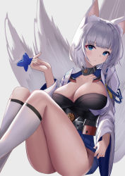 Rule 34 | 1girl, absurdres, animal ear fluff, animal ears, azur lane, blue eyes, blue skirt, blunt bangs, breasts, cleavage, clothes lift, collared shirt, commentary request, corset, feet out of frame, fox ears, fox girl, fox tail, grey hair, highres, holding, japanese clothes, kaga (azur lane), kneehighs, knees up, lahz52, large breasts, lifted by self, long sleeves, miniskirt, multiple tails, no panties, parted lips, shirt, short hair, simple background, sitting, skirt, skirt lift, socks, solo, tail, tassel, underbust, white background, white socks, wide sleeves