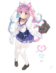 1girl, :o, absurdres, ahoge, anchor hair ornament, animal ears, arms up, bangs, black footwear, blue choker, blue hair, blue hairband, blue neckwear, blue skirt, blunt bangs, blush, bow, bowtie, braid, breasts, cat ears, cat girl, cat tail, choker, cleavage, drill hair, eyewear on head, framed breasts, french braid, full body, hair ornament, hairband, heart, heart-shaped eyewear, high-waist skirt, highres, hololive, jacket, large breasts, loafers, long hair, long sleeves, looking at viewer, minato aqua, multicolored hair, neko (minato aqua), open mouth, pantyhose, pigeon-toed, pleated skirt, purple eyes, purple hair, ribbon, ribbon choker, sailor collar, shirt, shoes, sidelocks, sinnop10, skirt, solo, streaked hair, surprised, suspender skirt, suspenders, tail, tail ornament, tail ribbon, thick thighs, thighs, twin braids, twin drills, twintails, two-tone hair, underbust, virtual youtuber, white background, white jacket, white legwear, white shirt