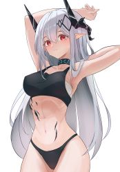 Rule 34 | 1girl, absurdres, arknights, arm above head, arm behind head, bare shoulders, bikini, black bikini, black choker, breasts, choker, commentary, covered erect nipples, cowboy shot, crop top, highres, horns, infection monitor (arknights), long hair, looking at viewer, material growth, medium breasts, mudrock (arknights), mudrock (elite ii) (arknights), navel, off shoulder, oripathy lesion (arknights), pointy ears, red eyes, sarashi, shino duka, silver hair, solo, sports bra, standing, stomach, sweat, swimsuit, white background