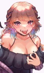 Rule 34 | 1girl, aya ai, bad id, bad twitter id, bandaid, bandaid on shoulder, black shirt, blush, breasts, cleavage, collarbone, facial hair, fang, frilled shirt, frills, hololive, hololive english, large breasts, off-shoulder shirt, off shoulder, portrait, purple sweater, shirt, simple background, solo, sweater, takanashi kiara, tongue, tongue out, vampire (vocaloid), virtual youtuber, vocaloid, white background