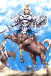 Rule 34 | 1girl, 2others, animal ears, armor, armored dress, bad id, bad pixiv id, blue dress, blue eyes, blue sky, blurry, blurry background, braid, breastplate, breasts, brown hair, centaur, centaur knight, cleavage, cloud, collarbone, commentary request, day, dress, dust cloud, full armor, full body, gauntlets, gloves, hair between eyes, highres, hikari (komitiookami), holding, holding polearm, holding shield, holding sword, holding weapon, hooves, horse, horse ears, horse tail, horseback riding, knight, large breasts, legs up, long hair, looking at viewer, monster girl, mountainous horizon, multiple others, open mouth, original, platinum blonde hair, polearm, riding, shield, shoulder armor, sidelocks, sky, solo focus, sunlight, sword, tail, taur, teeth, tongue, twin braids, upper teeth only, weapon, white gloves