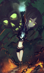Rule 34 | 10s, 2girls, arm cannon, bikini, bikini top only, black hair, black rock shooter, black rock shooter (character), blue eyes, boots, coat, dead master, die letzte (tc), glowing, glowing eyes, green eyes, highres, horns, crossed legs, long hair, midriff, multiple girls, shorts, skull, standing, swimsuit, twintails, weapon