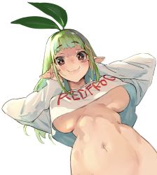 Rule 34 | 1girl, blouse, bottomless, breasts, breasts apart, clothes writing, crop top, crop top overhang, from behind, green hair, highres, large breasts, looking at viewer, navel, no bra, nonco, original, out-of-frame censoring, pointy ears, shirt, simple background, smile, solo, underboob, upper body, upshirt, white background, white shirt, wide-eyed