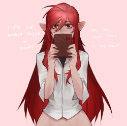 Rule 34 | 1girl, ahoge, bottomless, english text, hair between eyes, haohi (less), heart, incoming gift, less, long hair, long sleeves, looking at viewer, original, pink background, pointy ears, red eyes, red hair, shirt, simple background, solo, upper body, valentine, very long hair, white shirt