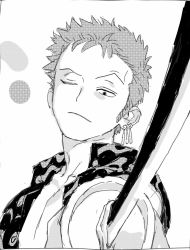 Rule 34 | 1boy, greyscale, head tilt, highres, holding, holding sword, holding weapon, looking at viewer, male focus, monochrome, no.6 (numberr 6), one eye closed, one piece, open clothes, open shirt, pectoral cleavage, pectorals, roronoa zoro, short hair, sketch, solo, sword, upper body, weapon