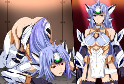 Rule 34 | 00s, 1girl, armor, ass, bare shoulders, blue hair, breasts, female focus, garter straps, gloves, hair ornament, kos-mos, large breasts, legs, long hair, looking at viewer, no panties, open mouth, red eyes, serious, simple background, skirt, solo, spec (artist), standing, sweat, thighhighs, thighs, top-down bottom-up, xenosaga