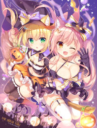 Rule 34 | 2girls, :o, ;d, ameto yuki, animal ears, bare shoulders, basket, black gloves, black headwear, blonde hair, boots, bow, braid, breasts, broom, broom riding, brown legwear, candy, cat ears, cat girl, cat tail, chocomint (ameto yuki), choker, cleavage, commentary request, criss-cross halter, crop top, ears through headwear, elbow gloves, food, gloves, green eyes, hair bow, hair ornament, halloween, halterneck, hat, highres, holding, jack-o&#039;-lantern, large breasts, lens flare, long hair, looking at viewer, macaron, macaron (ameto yuki), medium breasts, midriff, mini hat, miniskirt, multiple girls, navel, off-shoulder shirt, off shoulder, one eye closed, open mouth, orange eyes, orange footwear, orange skirt, original, pink hair, pumpkin, purple shirt, purple skirt, shirt, single braid, skirt, smile, sparkle, star (symbol), tail, thighhighs, twintails, white gloves, white legwear, witch hat, zettai ryouiki