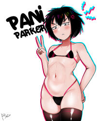 Rule 34 | 1girl, :&lt;, anger vein, angry, annoyed, artist name, bare shoulders, bikini, black bikini, black hair, black thighhighs, blush, breasts, character name, chromatic aberration, closed mouth, collarbone, constricted pupils, cowboy shot, embarrassed, flat chest, groin, hair between eyes, hand on own hip, hand up, highres, looking at viewer, marvel, micro bikini, narrowed eyes, navel, notice lines, peni parker, reeeee782701, ribs, shiny clothes, short hair, signature, simple background, skindentation, small breasts, solo, spider-man: across the spider-verse, spider-man (series), spider-verse, standing, string bikini, swimsuit, thighhighs, thighs, v, v-shaped eyebrows, white background