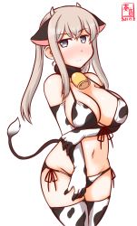 Rule 34 | 1girl, alternate costume, animal ears, animal print, artist logo, bell, bikini, blonde hair, breasts, commentary request, cow ears, cow horns, cow print, cow tail, cowbell, cowboy shot, dated, elbow gloves, fake animal ears, fake horns, front-tie top, gloves, graf zeppelin (kancolle), grey eyes, horns, kanon (kurogane knights), kantai collection, large breasts, one-hour drawing challenge, side-tie bikini bottom, sidelocks, simple background, solo, swimsuit, tail, twintails, white background, white bikini, white gloves, white legwear