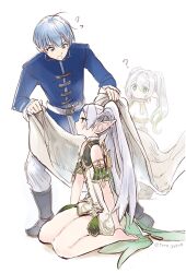 Rule 34 | 1boy, 2girls, ?, alternate hairstyle, artist name, barefoot, blue hair, blue tunic, cape, capelet, cloak, commentary request, cosplay, costume switch, cross-shaped pupils, feet, frieren, from side, full body, genshin impact, gold trim, gradient hair, green cape, green eyes, green hair, highres, himmel (sousou no frieren), holding cloak, kneeling, long hair, multicolored hair, multiple girls, nahida (genshin impact), pointy ears, profile, short hair, side ponytail, simple background, sousou no frieren, symbol-shaped pupils, toro astro, twintails, twitter username, white background, white capelet, white cloak, white hair