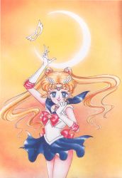 Rule 34 | 1990s (style), 1girl, arm up, bishoujo senshi sailor moon, blonde hair, blue eyes, blue sailor collar, blue skirt, bow, brooch, choker, cowboy shot, crescent moon, double bun, earrings, elbow gloves, gloves, hair bun, hair ornament, hairpin, hand to own mouth, highres, jewelry, leotard, lips, long hair, looking at viewer, magical girl, mask, miniskirt, moon, official art, red bow, retro artstyle, ribbon, sailor collar, sailor moon, scan, skirt, smile, solo, takeuchi naoko, tiara, tsukino usagi, twintails, unworn mask, white gloves