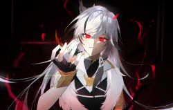 Rule 34 | 1girl, 3o c, black background, black gloves, chinese clothes, evil grin, evil smile, feathers, fingerless gloves, fu hua, fu hua (herrscher of sentience), fu hua (valkyrie accipiter), gloves, glowing, glowing eyes, grin, highres, honkai (series), honkai impact 3rd, long hair, red eyes, simple background, smile, solo, teeth, white hair