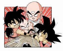Rule 34 | 6+boys, bald, black eyes, black hair, blush stickers, bowl cut, chaozu, child, clothes writing, commentary request, cup, dougi, dragon ball, dragonball z, facial scar, facing away, fenyon, fingernails, frown, grin, head out of frame, holding hands, kuririn, long hair, looking down, male focus, multiple boys, outside border, outstretched hand, pale skin, parted lips, ponytail, profile, saucer, scar, scar on cheek, scar on face, shirt, simple background, sleeves rolled up, smile, son gohan, son goku, spiked hair, spoon, table, teacup, tenshinhan, third eye, twitter username, upper body, v-shaped eyebrows, white background, white shirt, wristband, yamcha