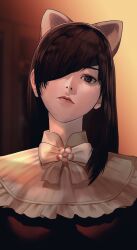 Rule 34 | 1girl, animal ears, brown eyes, brown hair, cat ears, character request, closed mouth, derivative work, fake animal ears, fatal frame, fatal frame 5, gauss &lt;bokashi, hair over one eye, highres, lips, long hair, looking at viewer, solo
