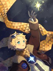 Rule 34 | 1boy, arm up, bey (bey01st), blonde hair, blue eyes, bomber jacket, brown gloves, earth (planet), fate/grand order, fate/requiem, fate (series), gloves, goggles, goggles on head, highres, jacket, male focus, open mouth, planet, reaching, scarf, smile, space, spacesuit, star (sky), voyager (fate), voyager (third ascension) (fate), yellow scarf