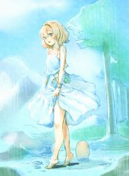 Rule 34 | 1girl, barefoot, blonde hair, blue eyes, bow (bhp), clothes lift, creature, dress, dress lift, feet, fish, flat chest, hairband, highres, long skirt, midriff, nature, open mouth, original, outdoors, short hair, skirt, skirt hold, soaking feet, solo, tiptoes, toes, tree, wading, water