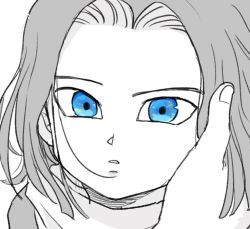 Rule 34 | 1boy, android 17, black hair, black shirt, blue eyes, blue theme, close-up, dragon ball, dragonball z, expressionless, fingernails, greyscale, hand on another&#039;s cheek, hand on another&#039;s face, heart, looking away, male focus, monochrome, multicolored eyes, neckerchief, orange eyes, out of frame, pov, pov hands, shirt, short hair, simple background, solo focus, spot color, tkgsize, upper body, white background