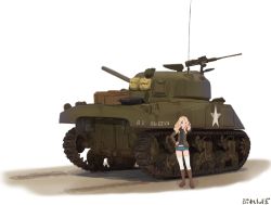 Rule 34 | 10s, 1girl, artist name, black shirt, blonde hair, blue eyes, blue shorts, boots, brown footwear, brown jacket, burenbo, closed mouth, commentary request, denim, denim shorts, girls und panzer, hair intakes, hand on own hip, jacket, kay (girls und panzer), long hair, long sleeves, looking at viewer, m4 sherman, midriff, military, military uniform, military vehicle, motor vehicle, one eye closed, open clothes, open jacket, shirt, short shorts, shorts, signature, smile, solo, standing, star (symbol), tank, thighhighs, uniform, v, white thighhighs